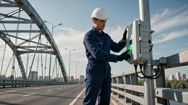 Technician closes a sensor enclosure on a modern bridge