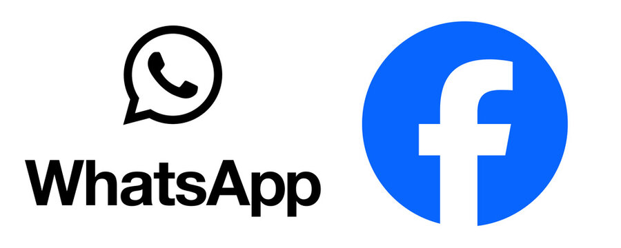 Whatsapp and facebook logo icons with wordmark for social media editorial design.