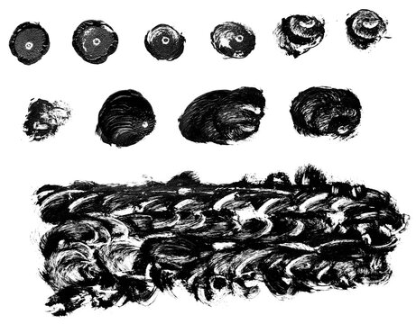 A collection of hand-painted black acrylic paint textures isolated on a white background, ideal as a PNG asset for design overlays.