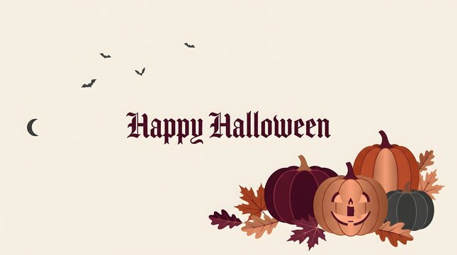 Happy halloween illustration with pumpkins crescent moon and bats on a beige background