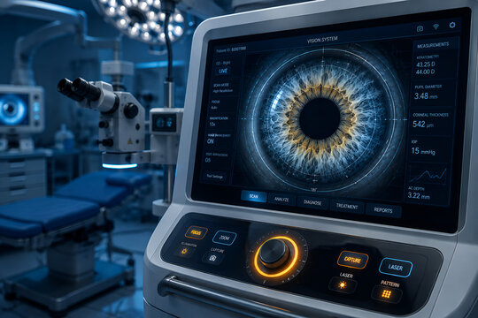 Surgeon uses modern laser machine with eye display for vision correction. Doctor operates eye surgery equipment in clinic. Patient benefits from laser eye treatment for sight improvement.