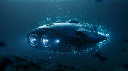 Fototapeta premium Underwater drone passing through bioluminescent ocean environment at night, glowing marine particles surrounding the vehicle