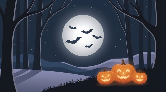 Halloween scene with pumpkins bats and a full moon in a dark forest illustration