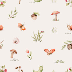 Naklejka premium Whimsical Woodland Pattern with charming and delicate seamless pattern featuring soft color mushrooms, sprigs of foliage, and tiny berries, creating a whimsical woodland scene