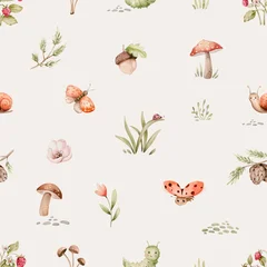 Whimsical Woodland Pattern with charming and delicate seamless pattern featuring soft color mushrooms, sprigs of foliage, and tiny berries, creating a whimsical woodland scene © kris_art