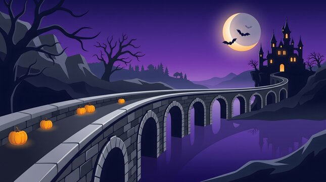 Halloween landscape with castle and pumpkins in vector illustration style