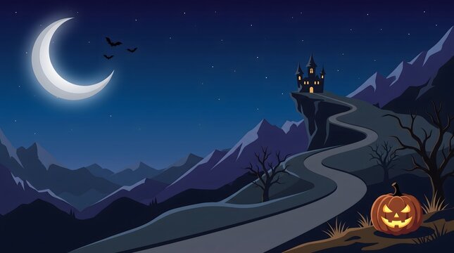 Halloween scene with haunted castle crescent moon and pumpkin on a winding road