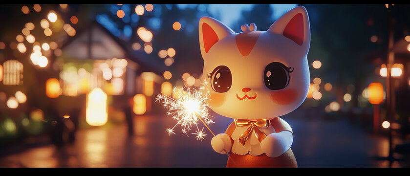 Cute cartoon cat holding a bright sparkler at night amidst glowing bokeh lights, creating a magical festive scene
