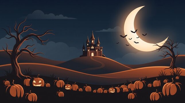 Spooky halloween landscape with pumpkins castle and crescent moon vector illustration