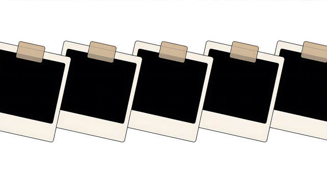 Five instant frames with black blank centers are taped to a white background with light brown tape 