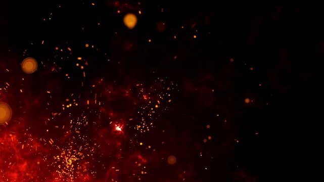 Fiery glowing particles and burning hot sparks flying around, abstract glowing ember dust overlay loop with alpha channel for cinematic visual effects, and dramatic scenes,on black background. 4k