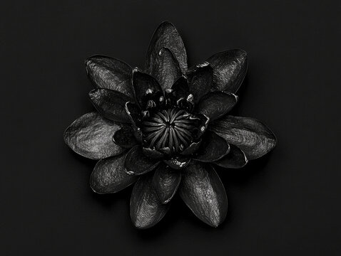 Detailed black monochrome flower, possibly lotus, with textured petals and intricate center, on a subtle dark background