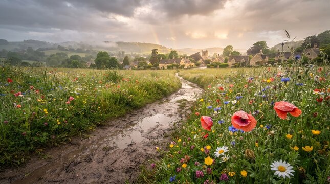 Wildflowers along muddy rural path leading to picturesque English village after rain 3D illustration