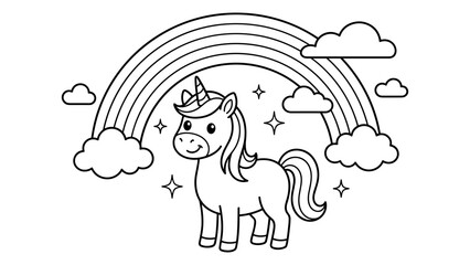 Cute unicorn coloring page featuring rainbow and clouds for kids creative drawing activity © MstRina