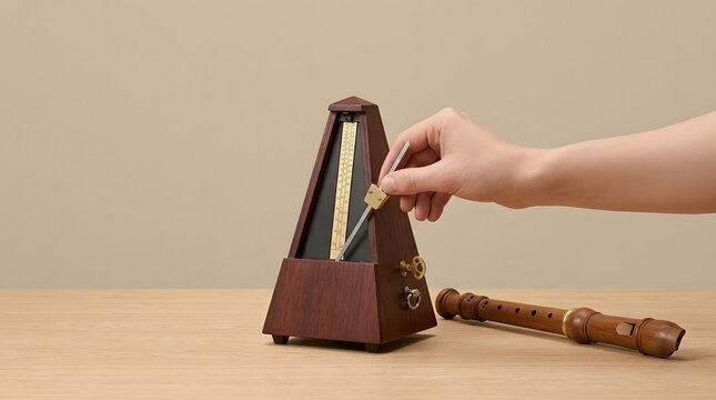 Hand Adjusting Metronome with Wooden Clarinet on Neutral Background