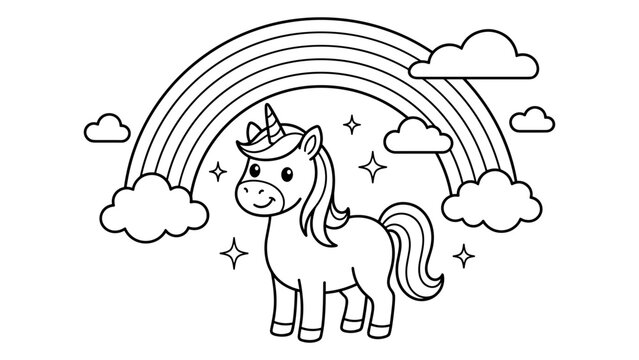Cute unicorn coloring page featuring rainbow and clouds for kids creative drawing activity