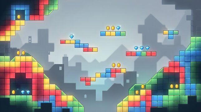 Colorful pixel blocks arranged in floating platforms with glowing gold coins and sparkling blue diamonds across a minimalist digital landscape