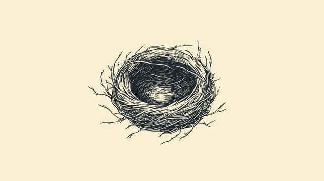 Empty bird's nest rendered in a dark, high-contrast line art style, centered on a light, minimalist background