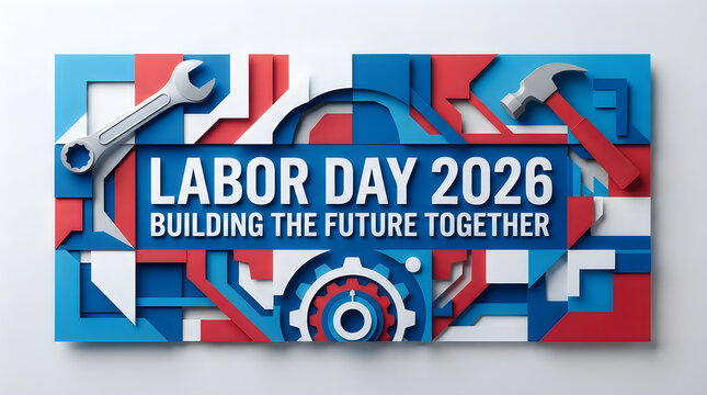 Labor day 2026 banner with tools and gear icons for building the future together celebration design