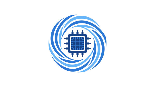 CPU microchip centered in a dynamic blue spiral vortex graphic.