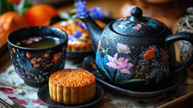 A black cast iron teapot, two cups of hot green tea and golden mooncakes on a wooden table. The concept of tea drinking traditions, Asian cuisine and Mid-Autumn Festival celebration