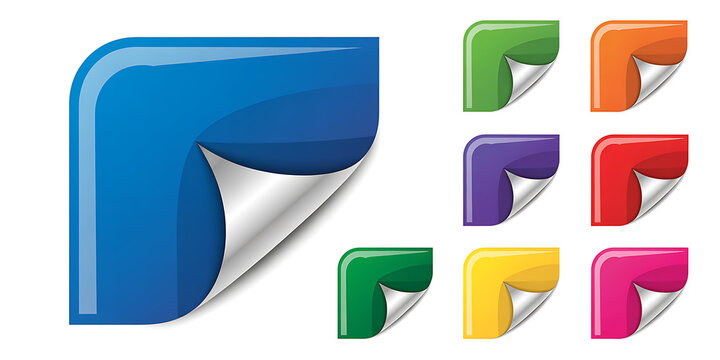 Group of nine colorful rounded corner square stickers with peeling edges and subtle shadows 