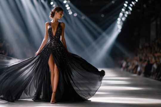 Model in flowing black gown walks runway at fashion show