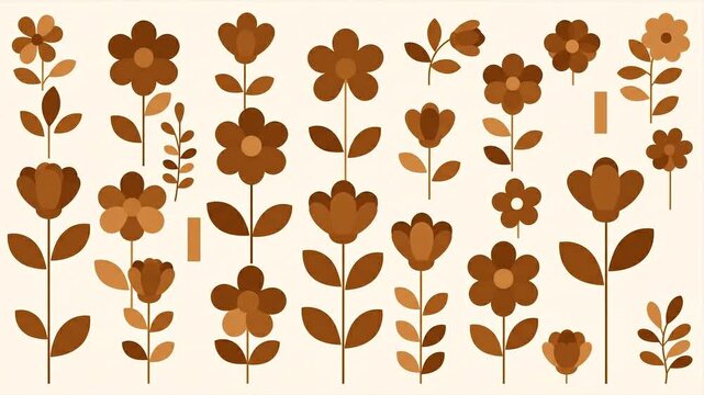 Retro floral flat design pattern animation featuring vintage brown flowers