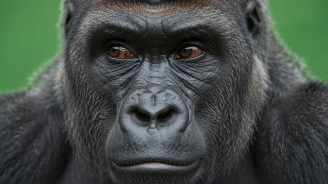 Silverback gorilla staring closely at the camera in front of a solid gorilla green screen background