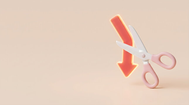 Cost Reduction Strategy: Scissors Cutting Downward Red Arrow Symbolizing Financial Decline, Budget Cuts, and Expense Management in a Minimalist 3D Render