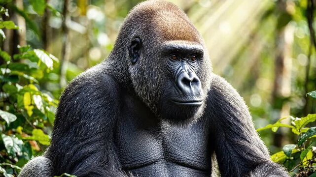 A large silverback gorilla staring intently in the wild jungle with a gorilla green screen option