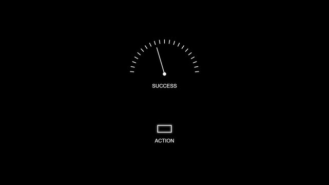 Success gauge meter showing high performance level with an action button below on a dark black background representing business goals progress and professional achievement 4K Motion Video