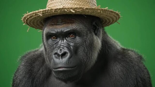 Silverback gorilla staring directly forward while wearing a straw hat on a gorilla green screen background