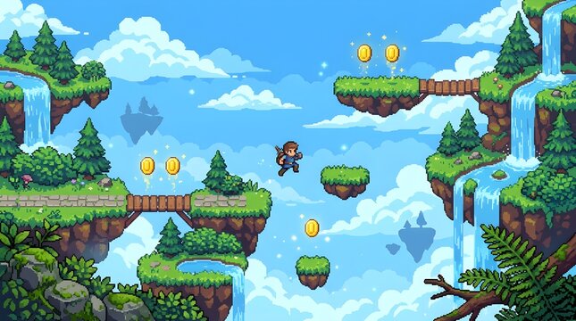 Adventurous pixel art hero jumps across floating grassy platforms in a bright sky while collecting golden coins for high scores