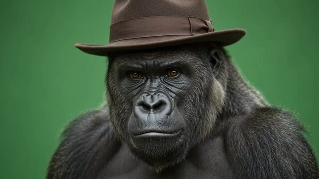 A silverback gorilla staring intensely while wearing a brown fedora hat in front of a gorilla green screen