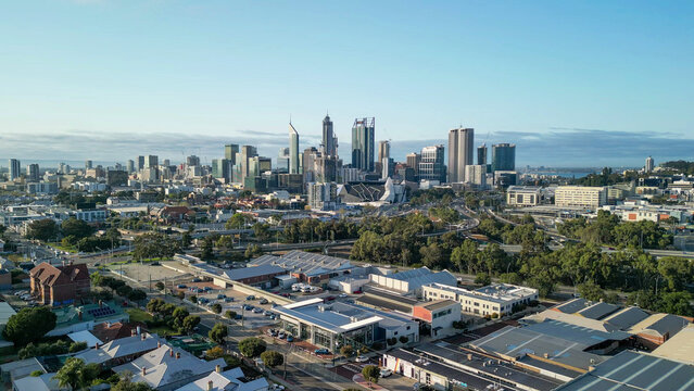 Aerial drone view of Perth city skyline on a beautiful sunny day