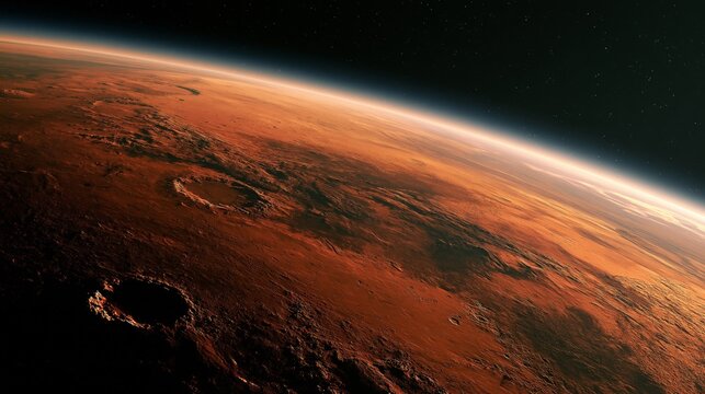 Detailed view of a rugged red planetary landscape with craters and dramatic horizon against a star filled deep space background