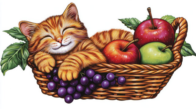 Happy orange tabby cat sleeping in a fruit basket with red and green apples, purple grapes, and green leaves