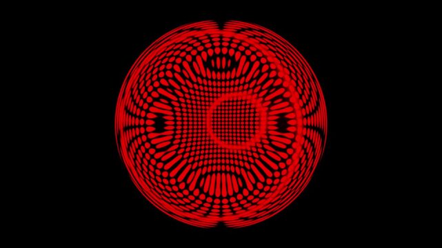 Red abstract 3d dot sphere pattern with geometric optical illusion on black background