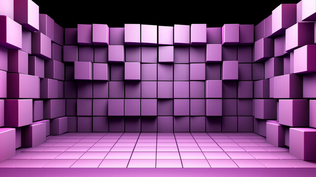 Purple 3D geometric cube room with dynamic textured walls and grid floor against a dark background