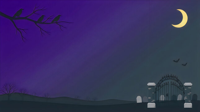 Spooky Cemetery at Night with Crescent Moon Illustration