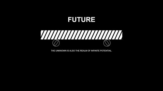Minimalist graphic design with the word future and a loading bar element with the text the unknown is also the realm of infinite potential on a solid black background 4K Motion Video