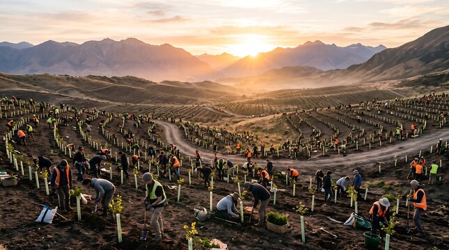 Volunteers planting trees on mountain slopes at sunrise for reforestation and habitat restoration