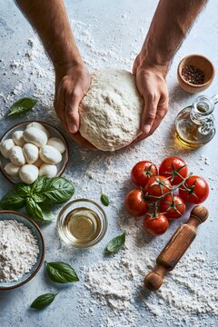 Hands arranging pizza ingredients including dough, tomatoes, mozzarella, basil, olive oil and flour on a light kitchen surface, top view flat lay.