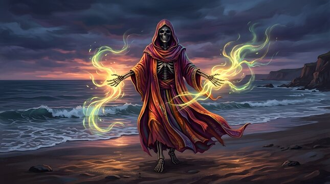 A dark hooded sorcerer casting powerful magical spells on a lonely beach during a spooky halloween night