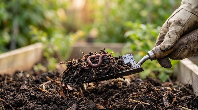Gardener's gloved hand holds trowel with earthworm in rich compost soil, promoting sustainable recycling and soil health