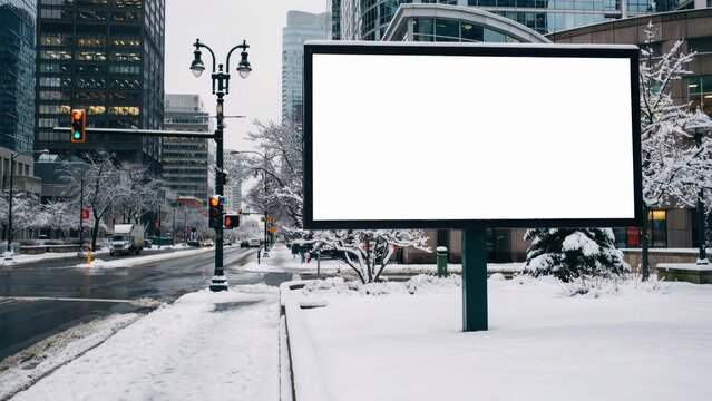 Blank billboard on a snowy city street in winter
