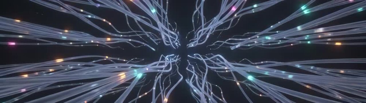 Fiber optic cables distributing information representing global network connections digital communications and technology concepts.