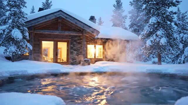 Winter chalet cabin exterior with steaming hot tub in snow mountain landscape