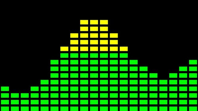 Digital audio equalizer bars showing sound frequency levels with bright green and yellow neon blocks on a dark black background representing music volume and rhythm visualization 4K Motion Video